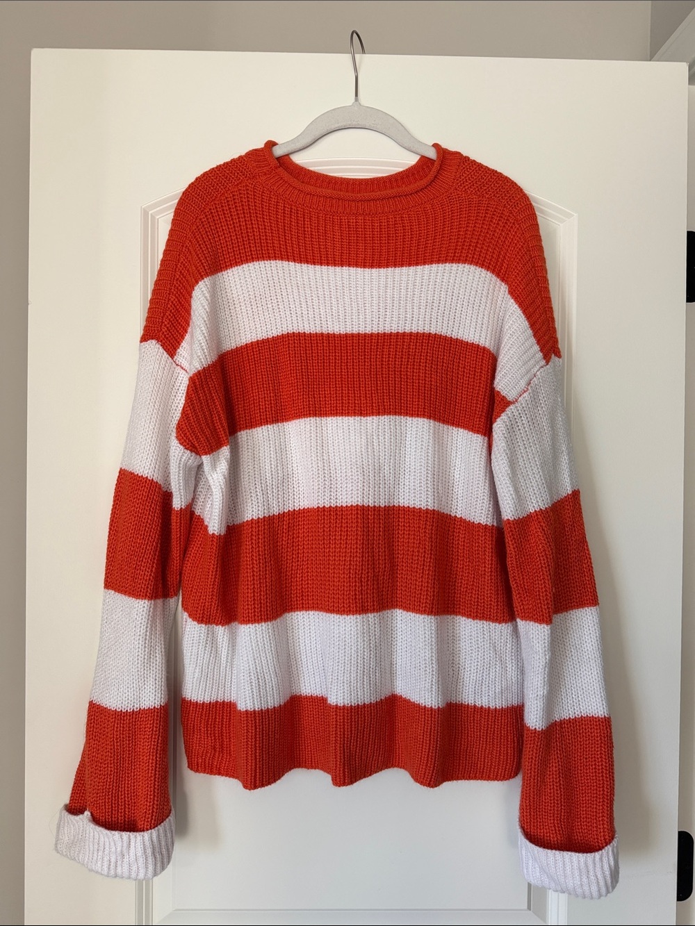 Chunky Red/Orange & White Striped Knit Sweater